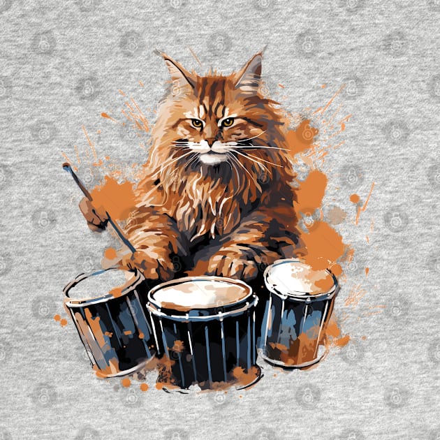 Maine Coon Cat Playing Drums by Graceful Designs